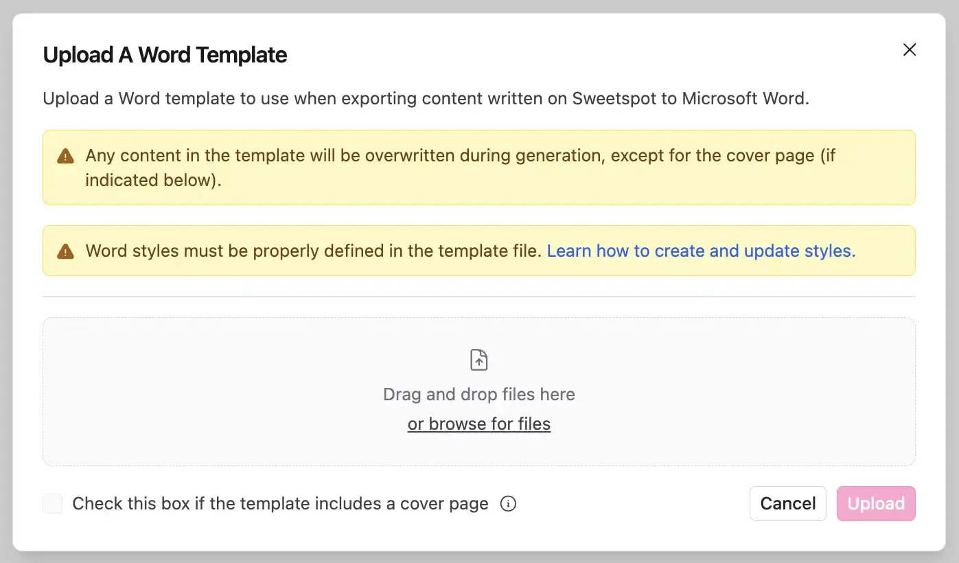 Word template upload dialog for branded document export