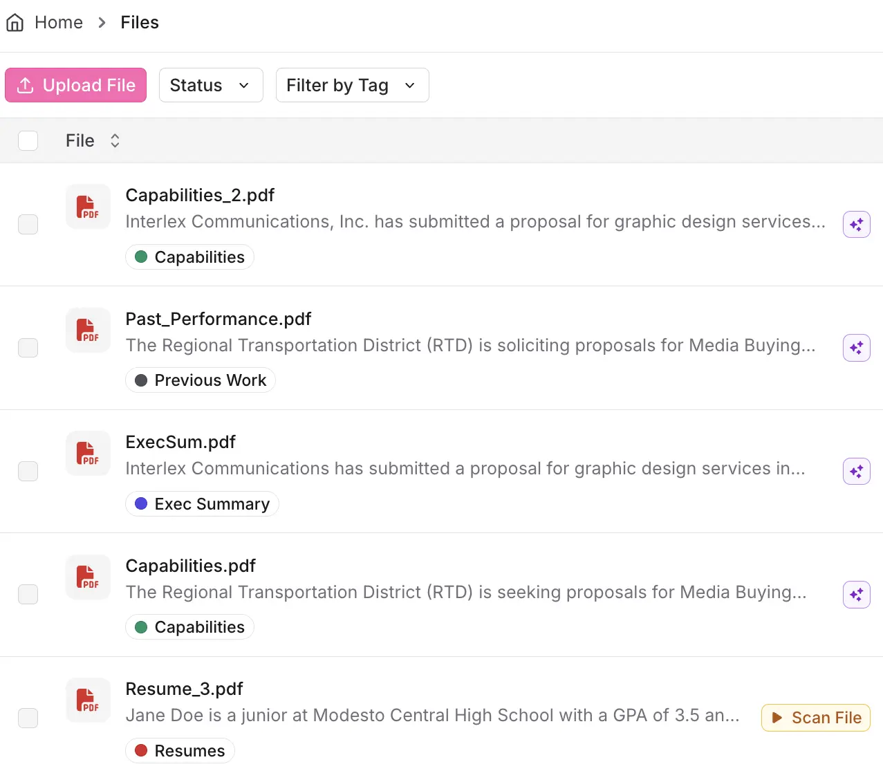 File upload interface showing tagged documents with status filters