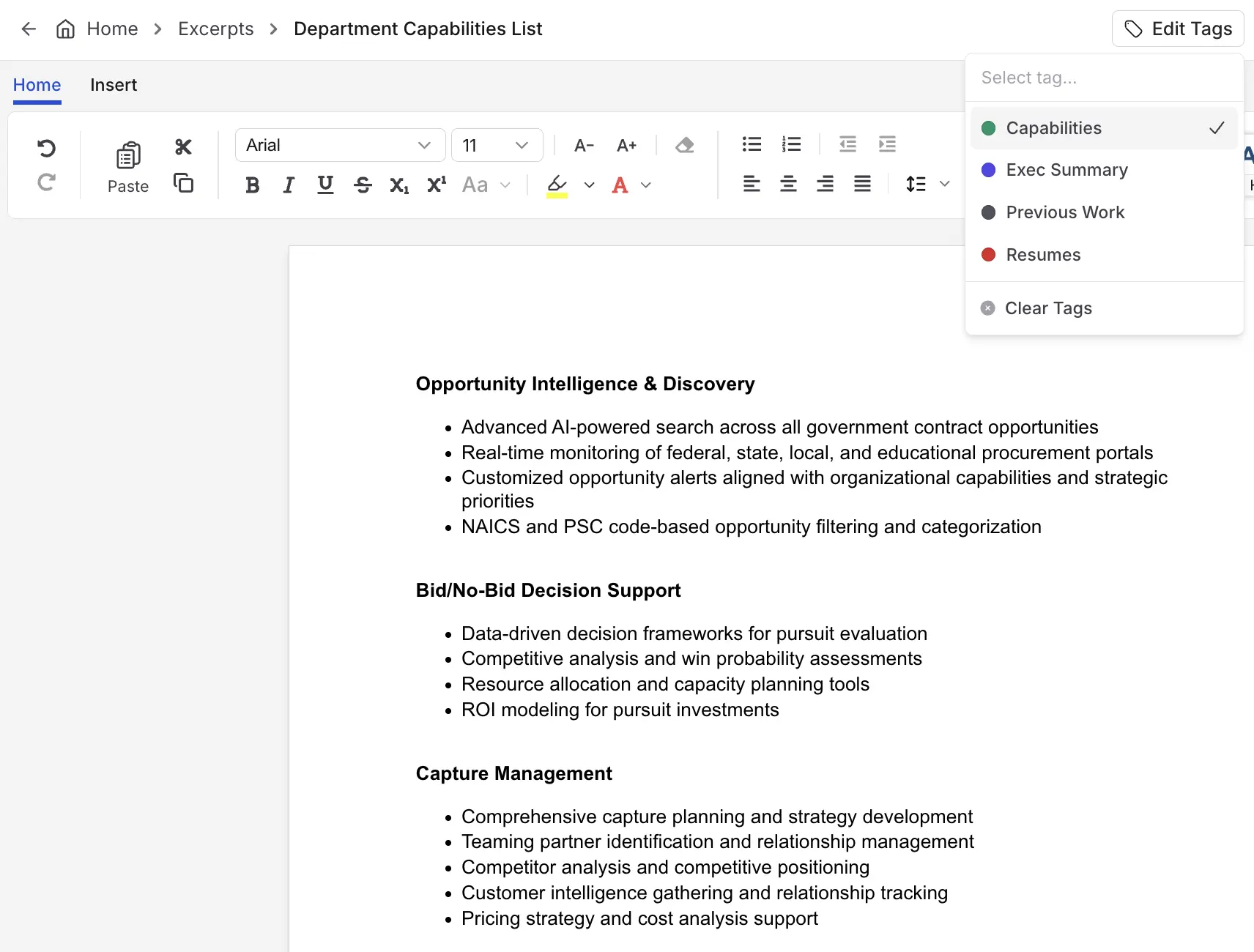 Proposal excerpts editor showing capabilities list with tags
