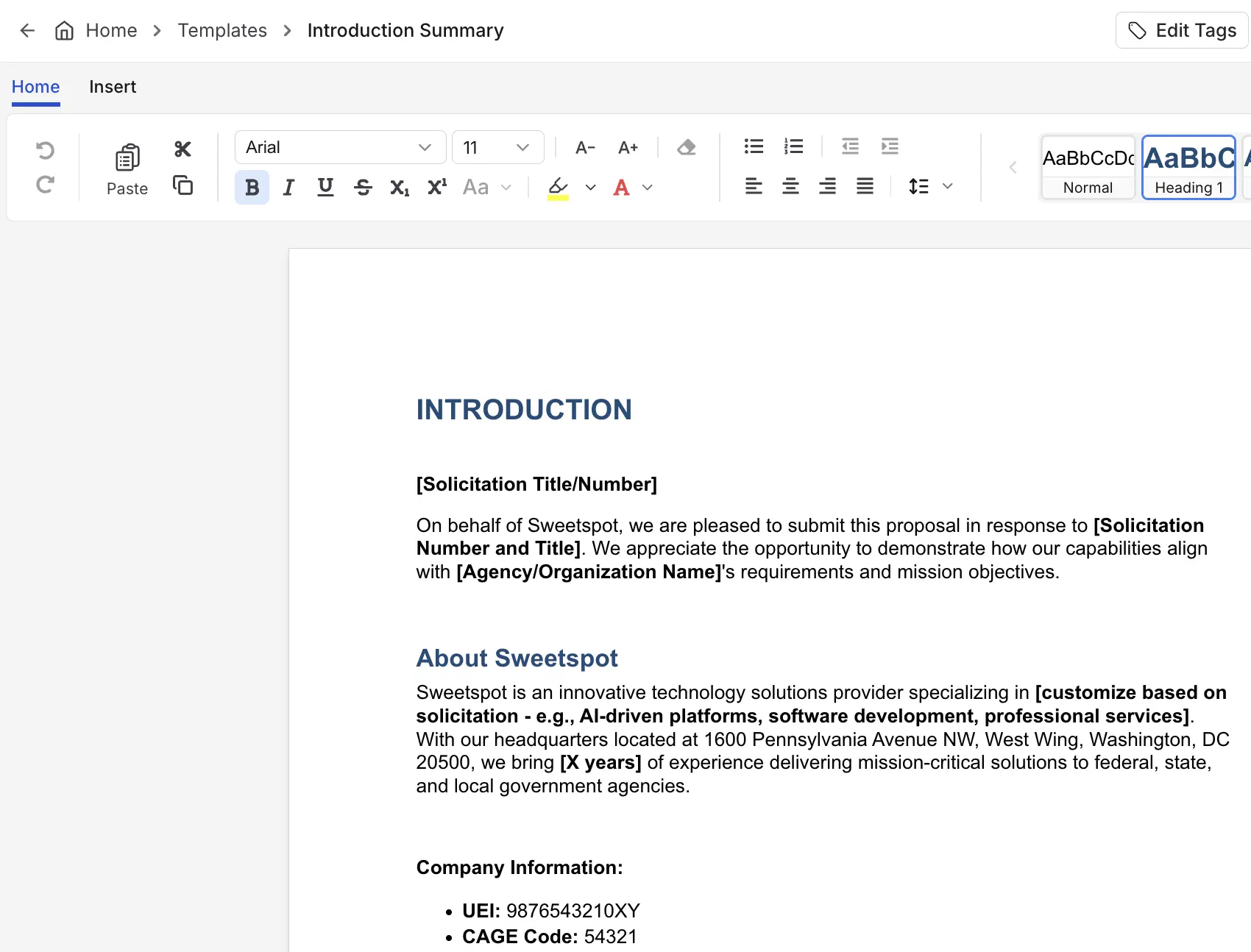 Proposal template editor showing introduction summary document