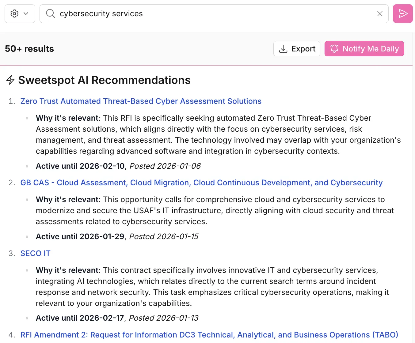 Opportunity discovery search results showing government contracts