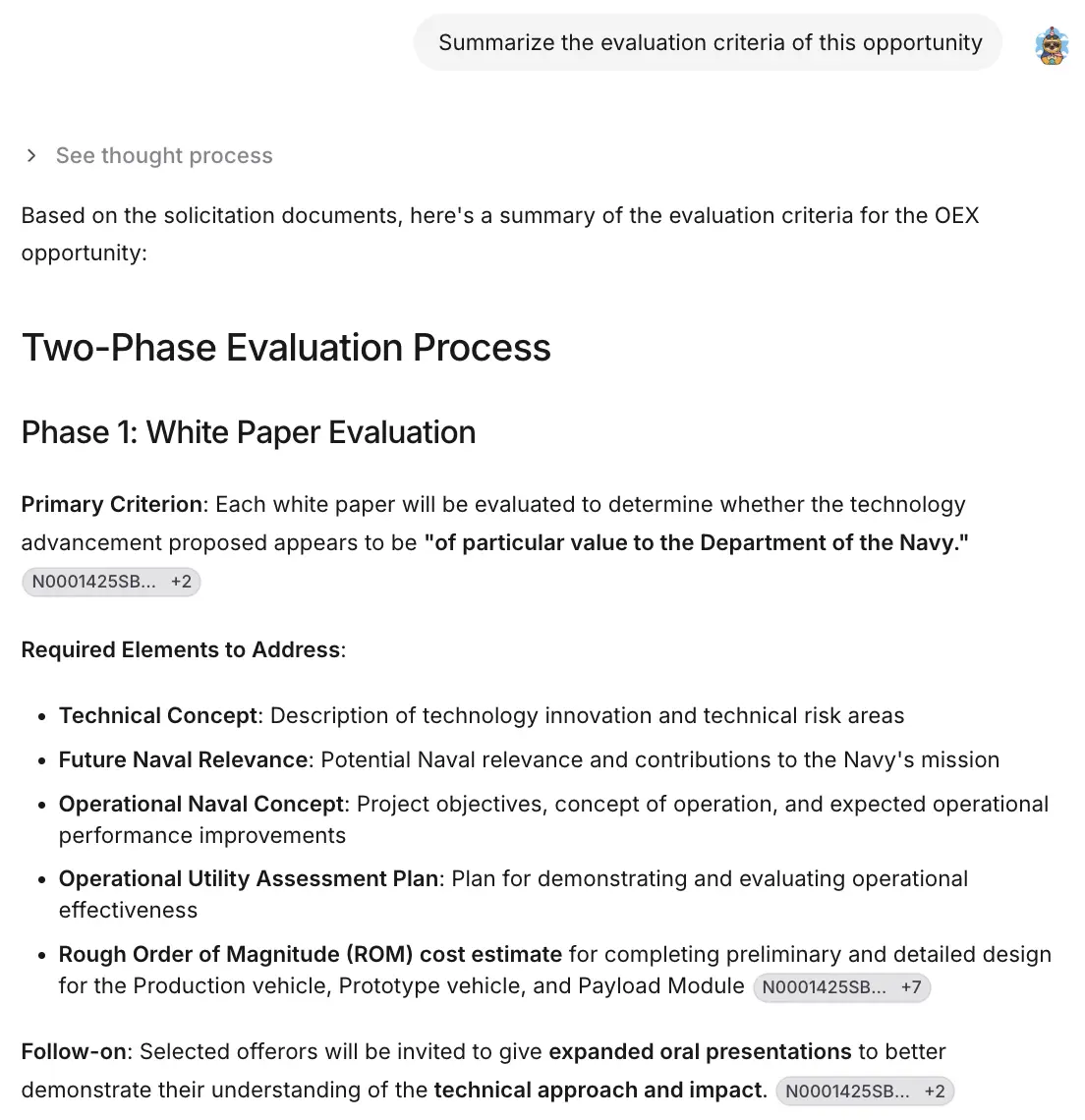 Sweetspot AI chat interface showing evaluation criteria summary