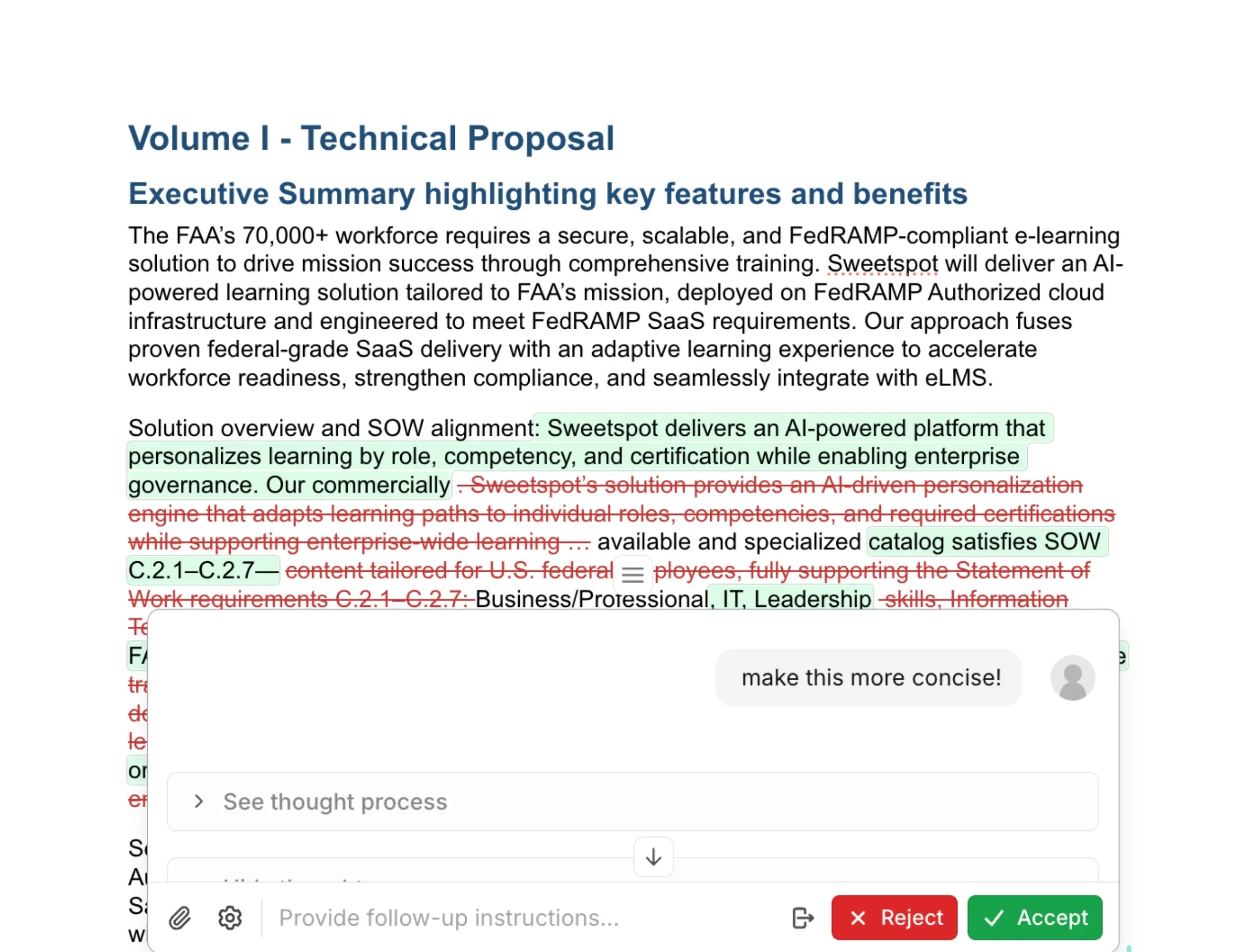 AI proposal review interface with inline editing suggestions