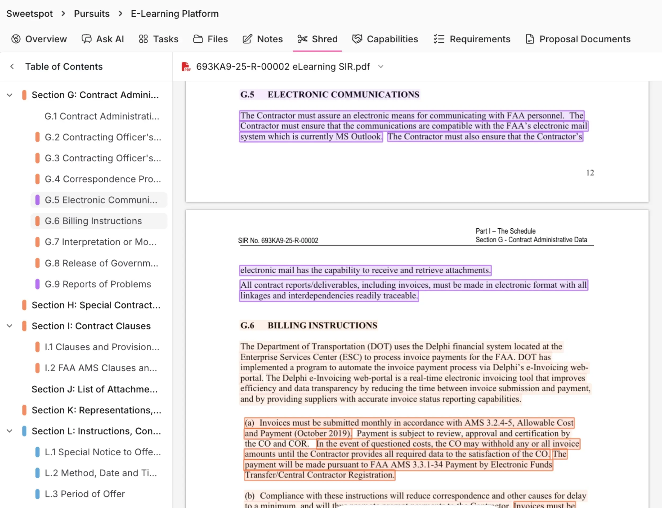 RFP shredding interface with highlighted requirements extraction