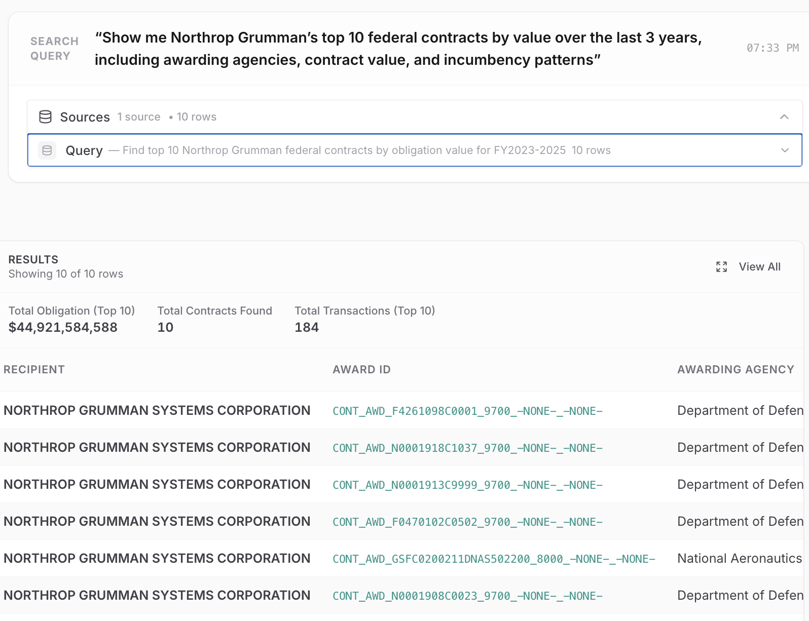 AI award search returning ranked federal contract results for a plain-language query